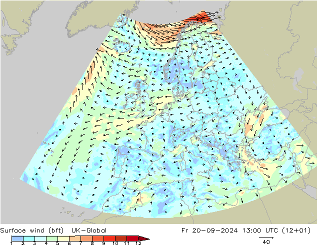 Wind 10 m (bft) UK-Global vr 20.09.2024 13 UTC