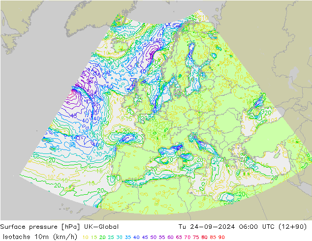 Izotacha (km/godz) UK-Global wto. 24.09.2024 06 UTC