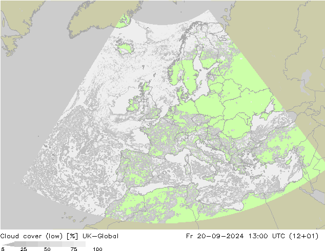 Cloud cover (low) UK-Global Fr 20.09.2024 13 UTC