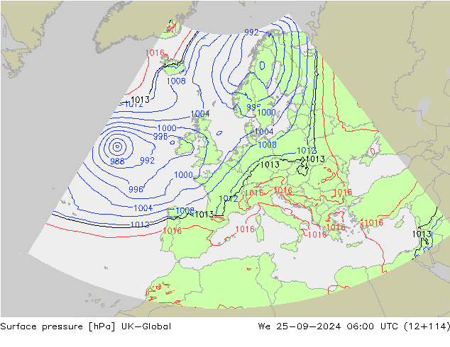 Pressione al suolo UK-Global mer 25.09.2024 06 UTC