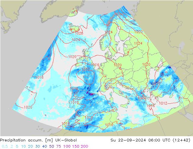 Totale neerslag UK-Global zo 22.09.2024 06 UTC