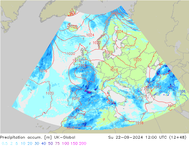 Precipitation accum. UK-Global Su 22.09.2024 12 UTC