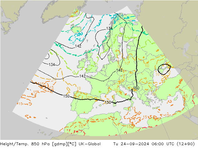 Hoogte/Temp. 850 hPa UK-Global di 24.09.2024 06 UTC