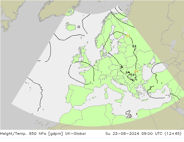 Height/Temp. 950 hPa UK-Global Su 22.09.2024 09 UTC