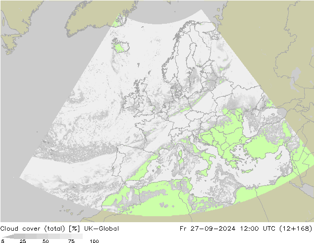 Cloud cover (total) UK-Global Fr 27.09.2024 12 UTC