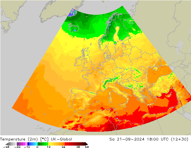 Temperaturkarte (2m) UK-Global Sa 21.09.2024 18 UTC