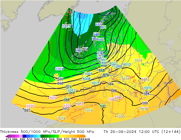 Schichtdicke 500-1000 hPa UK-Global Do 26.09.2024 12 UTC