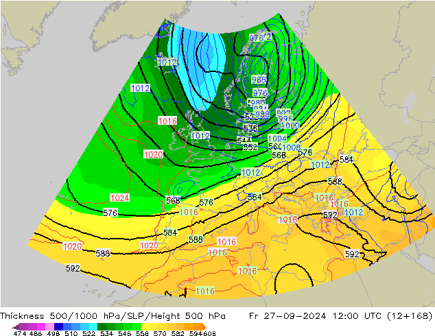 Schichtdicke 500-1000 hPa UK-Global Fr 27.09.2024 12 UTC