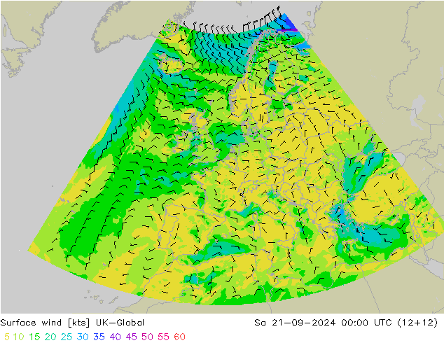 Vento 10 m UK-Global Sáb 21.09.2024 00 UTC