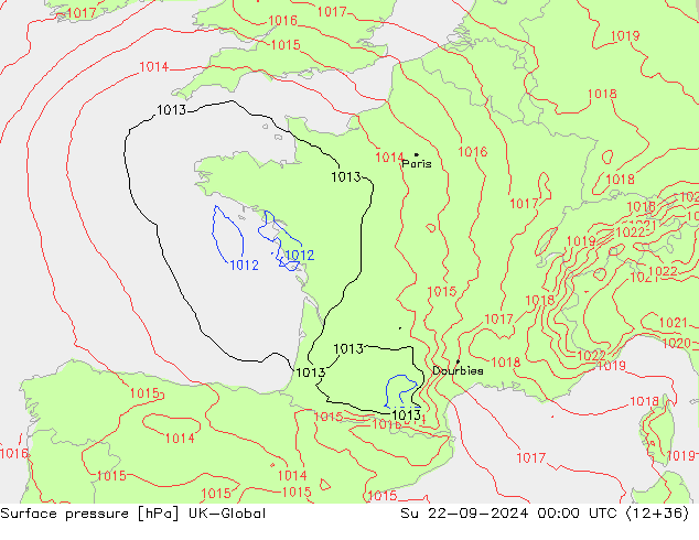 Pressione al suolo UK-Global dom 22.09.2024 00 UTC