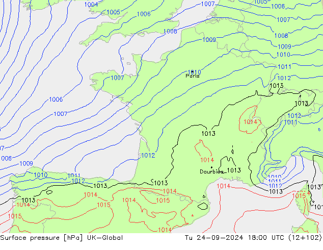 Surface pressure UK-Global Tu 24.09.2024 18 UTC