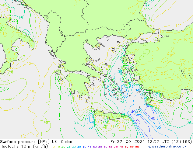 Isotachs (kph) UK-Global пт 27.09.2024 12 UTC