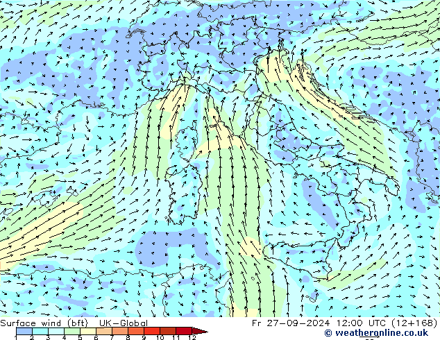 Surface wind (bft) UK-Global Fr 27.09.2024 12 UTC