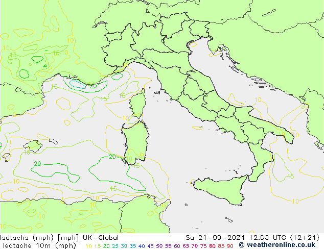 Isotachen (mph) UK-Global za 21.09.2024 12 UTC