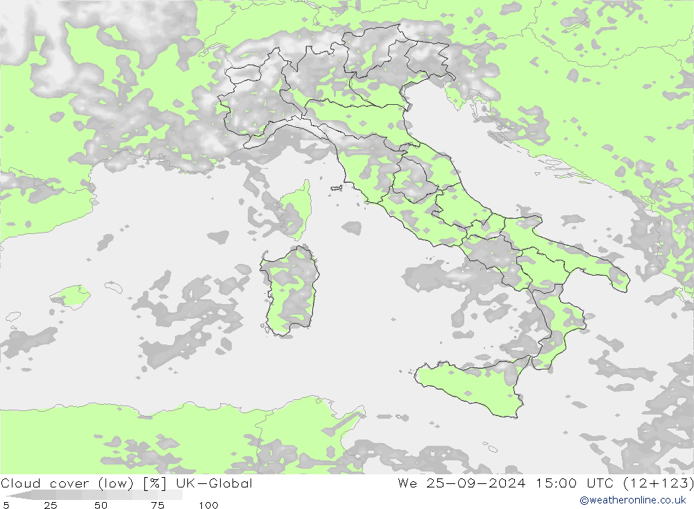 Cloud cover (low) UK-Global We 25.09.2024 15 UTC