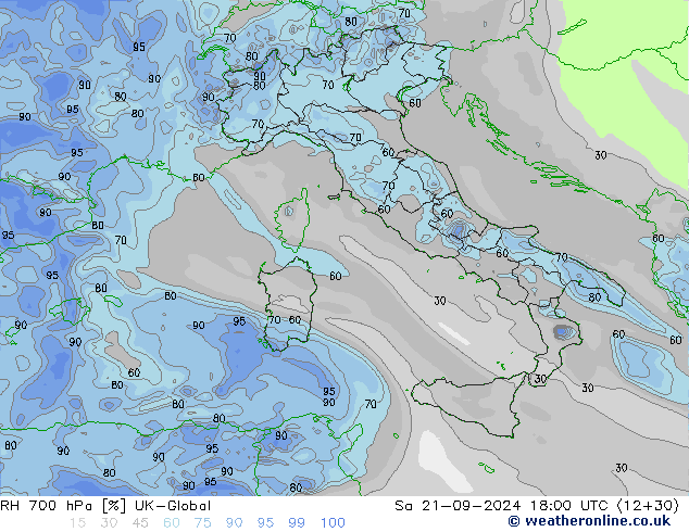 RH 700 hPa UK-Global So 21.09.2024 18 UTC