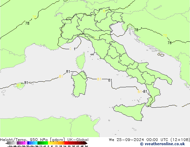 Height/Temp. 950 гПа UK-Global ср 25.09.2024 00 UTC