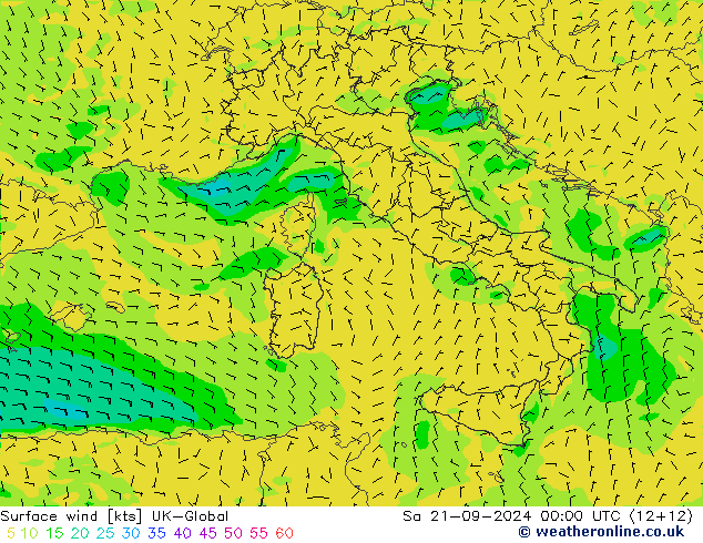 Vento 10 m UK-Global Sáb 21.09.2024 00 UTC