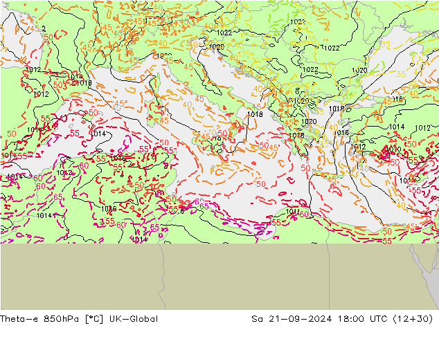 Theta-e 850hPa UK-Global Sa 21.09.2024 18 UTC