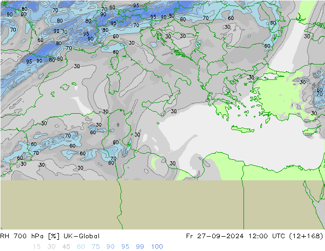 RH 700 hPa UK-Global Fr 27.09.2024 12 UTC