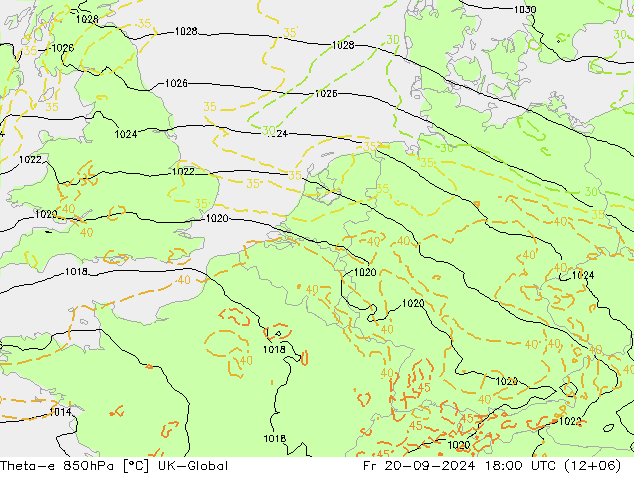 Theta-e 850hPa UK-Global Fr 20.09.2024 18 UTC