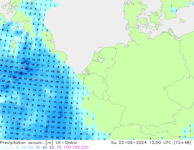 Precipitation accum. UK-Global nie. 22.09.2024 12 UTC