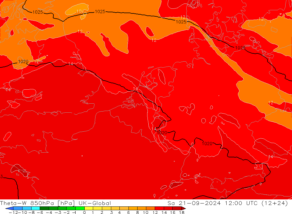 Theta-W 850hPa UK-Global 星期六 21.09.2024 12 UTC