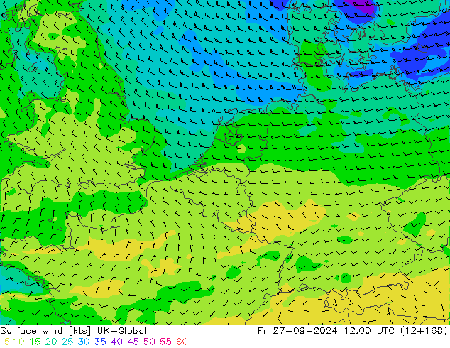 Vento 10 m UK-Global ven 27.09.2024 12 UTC