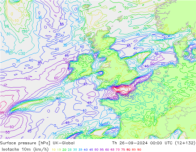 Isotachs (kph) UK-Global Qui 26.09.2024 00 UTC