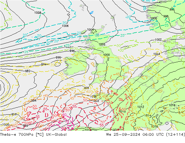 Theta-e 700hPa UK-Global mer 25.09.2024 06 UTC