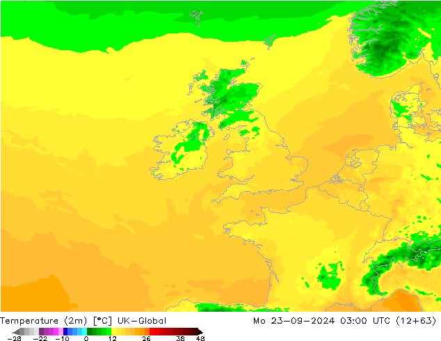 mapa temperatury (2m) UK-Global pon. 23.09.2024 03 UTC