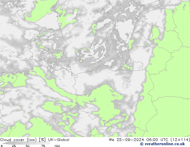 Cloud cover (low) UK-Global We 25.09.2024 06 UTC