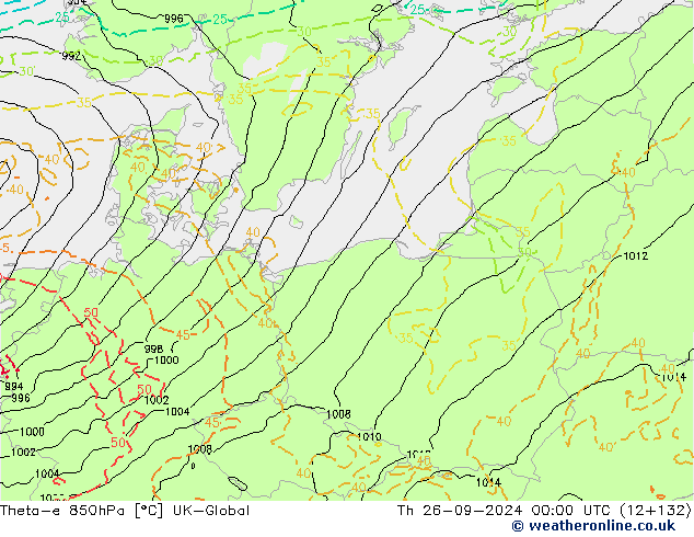 Theta-e 850hPa UK-Global do 26.09.2024 00 UTC