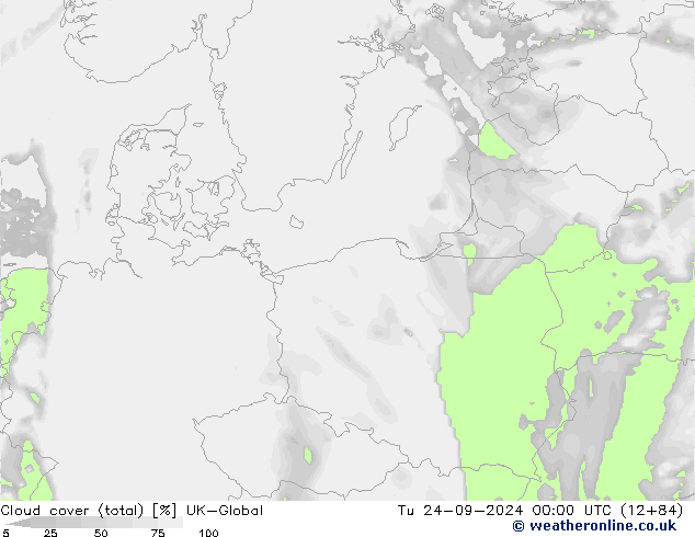 Bewolking (Totaal) UK-Global di 24.09.2024 00 UTC