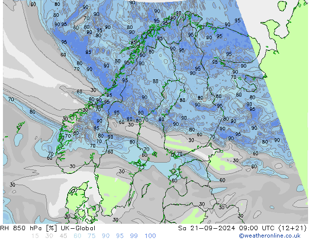 RH 850 hPa UK-Global  21.09.2024 09 UTC