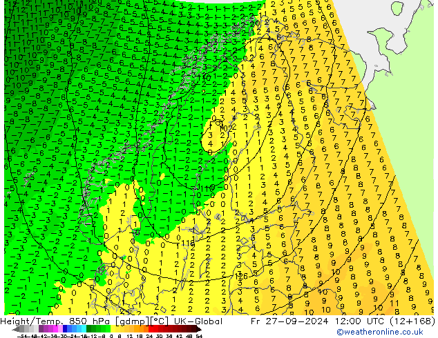 Height/Temp. 850 hPa UK-Global Fr 27.09.2024 12 UTC