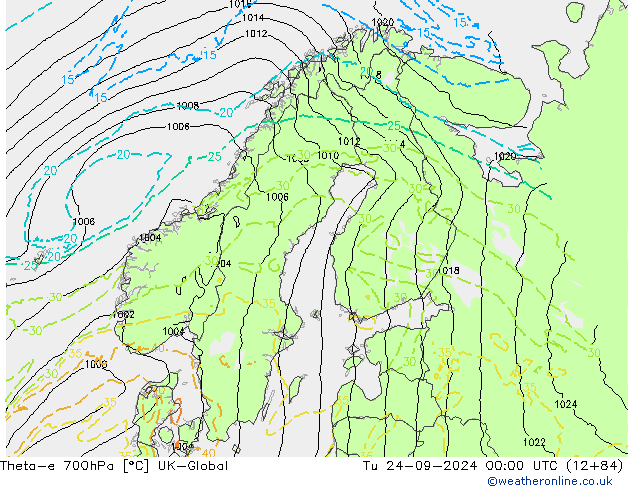 Theta-e 700hPa UK-Global Tu 24.09.2024 00 UTC
