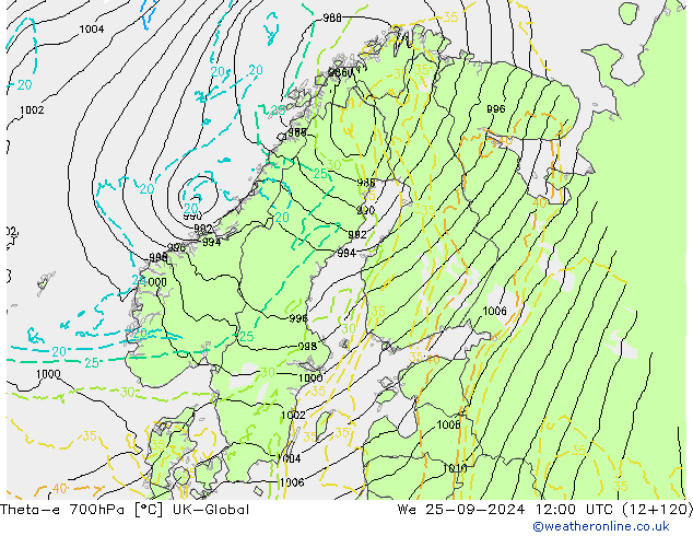 Theta-e 700hPa UK-Global We 25.09.2024 12 UTC