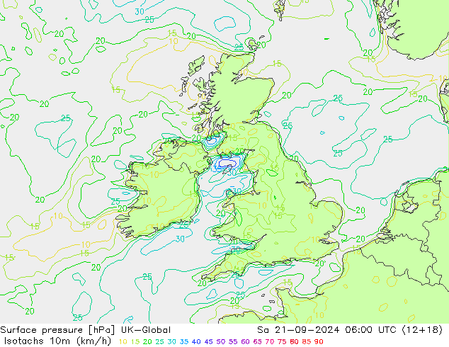 Isotachs (kph) UK-Global Sáb 21.09.2024 06 UTC