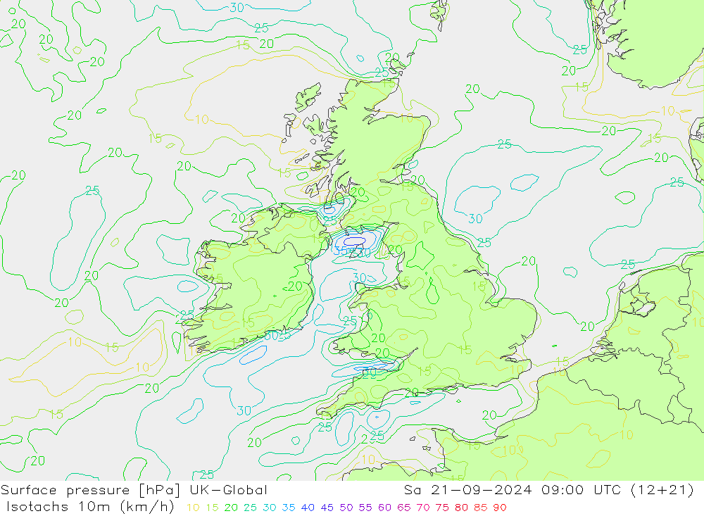 Isotachs (kph) UK-Global So 21.09.2024 09 UTC