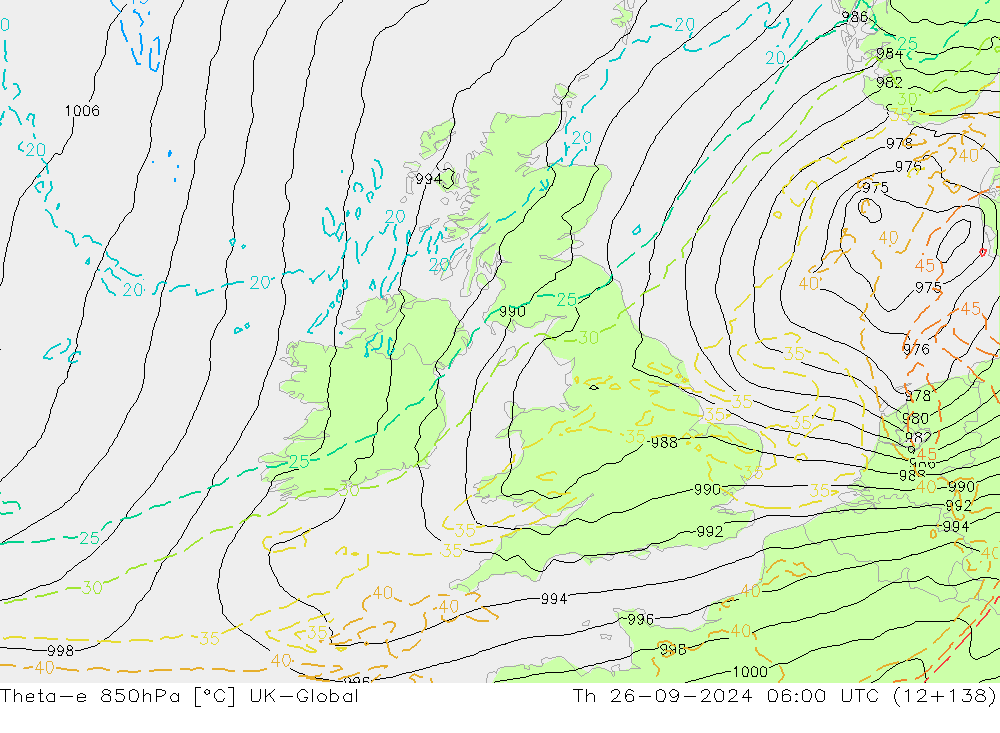 Theta-e 850hPa UK-Global czw. 26.09.2024 06 UTC