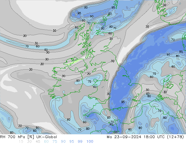 RH 700 hPa UK-Global Mo 23.09.2024 18 UTC