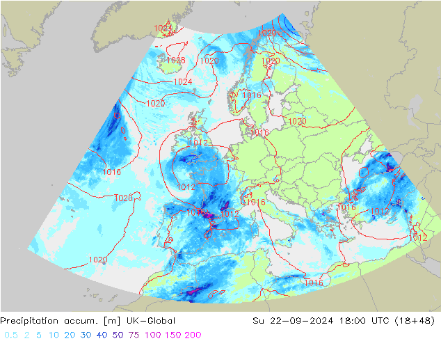 Precipitation accum. UK-Global 星期日 22.09.2024 18 UTC