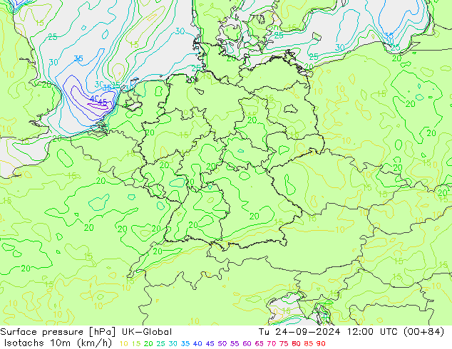 Isotachs (kph) UK-Global Tu 24.09.2024 12 UTC