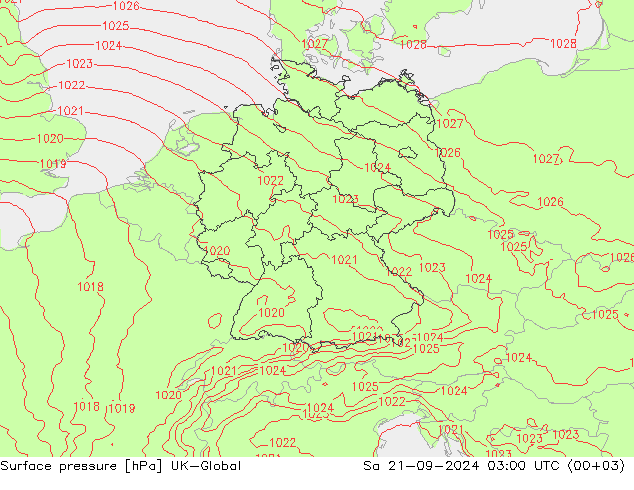 地面气压 UK-Global 星期六 21.09.2024 03 UTC