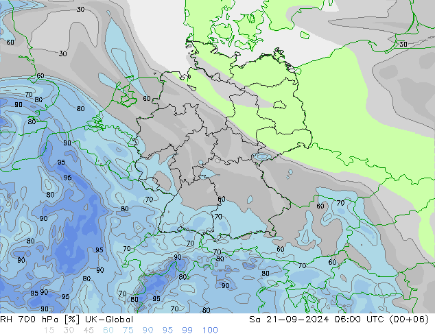 RH 700 hPa UK-Global 星期六 21.09.2024 06 UTC