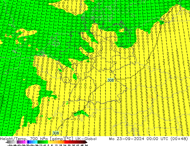 Height/Temp. 700 hPa UK-Global 星期一 23.09.2024 00 UTC