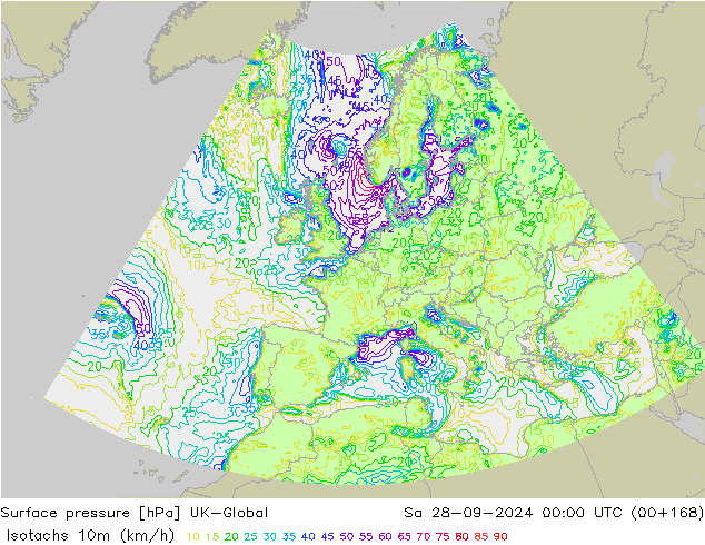 10米等风速线 (kph) UK-Global 星期六 28.09.2024 00 UTC