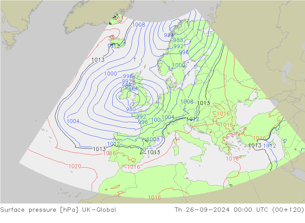 Surface pressure UK-Global Th 26.09.2024 00 UTC