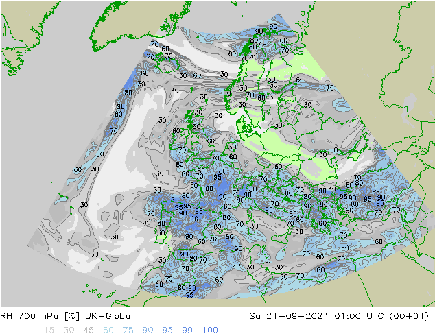 RH 700 hPa UK-Global 星期六 21.09.2024 01 UTC